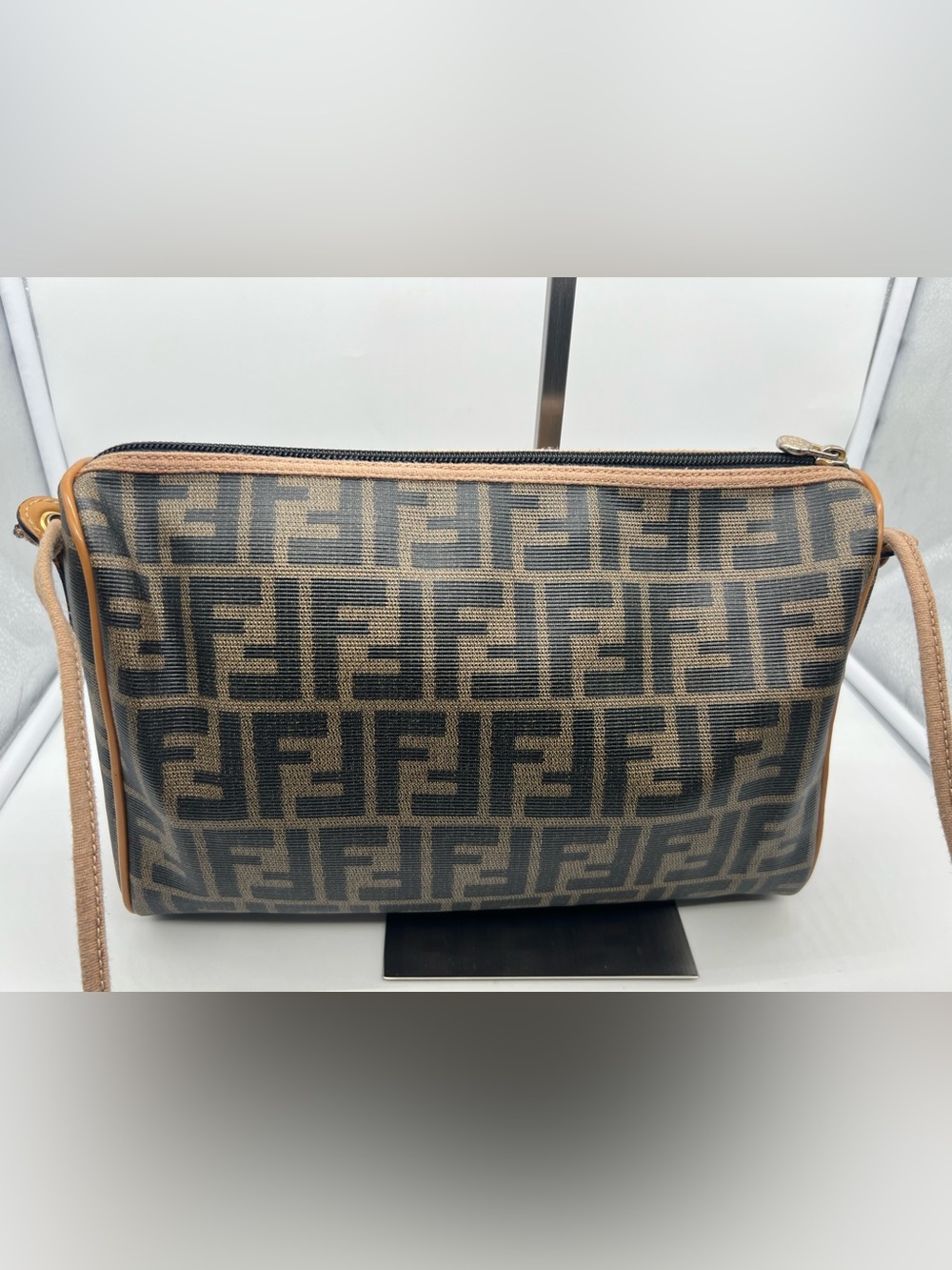 FENDI VINTAGE Zucca FF Monogram Coated Canvas Medium Tan Leather Trim Crossbody - Picture 7 of 17